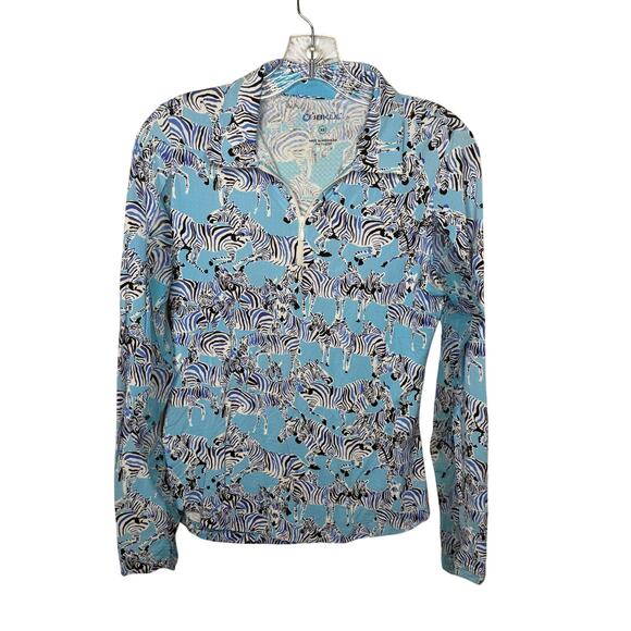 IBKUL Women’s XS Quarter Zip Pullover Top Zebra Animal Print Blue Long Sleeve - Picture 1 of 9